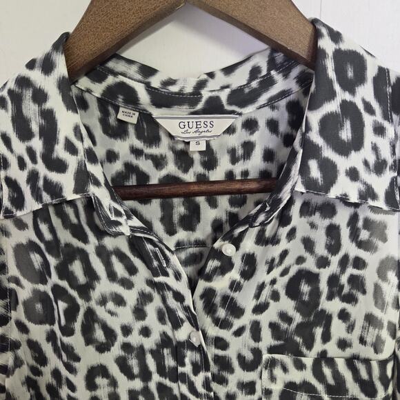 Guess Leopard Print Gauzy Flowy Button Down Sleeveless Top Black White Size S - Picture 3 of 7
